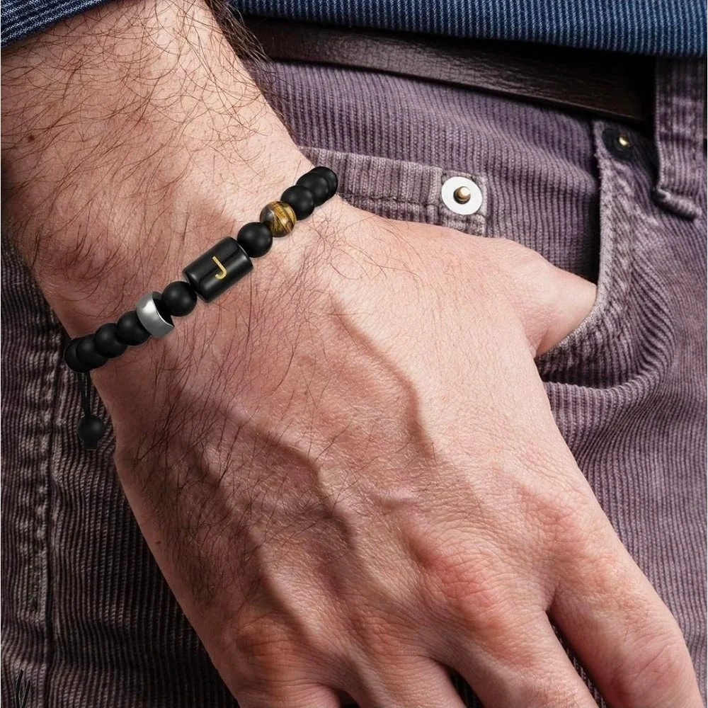 Mens Black Agate Tiger Eye Beaded Bracelet‎ Letter J Initial Adjustable